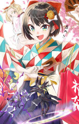 1boy 2girls ash_blossom_&amp;_joyous_spring blonde_hair blue_eyes blue_hakama brown_hair card checkered_clothes checkered_kimono dark_magician duel_monster hakama highres holding holding_card hololive japanese_clothes kimono looking_at_viewer multiple_girls official_alternate_costume oozora_subaru oozora_subaru_(new_year) open_mouth playing_card scapegoat short_hair smile takusan-kita virtual_youtuber yu-gi-oh!