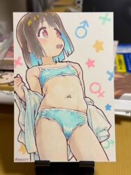 Rule 34 | aqua bra, aqua panties, bare shoulders, belly, blue hair, blurry, blush, bra, brown hair, cowboy shot, depth of field, drawing (object), from below, highres, holding, holding shirt, holding unworn clothes, hozuki momiji, looking to the side, mars symbol, matado (almukha), multicolored hair, navel, onii-chan wa oshimai!, open clothes, open mouth, open shirt, panties, pastel (medium), shirt, short hair, sidelocks, simple background, smile, standing, star (symbol), traditional media, training bra, twitter username, underwear, underwear only, unworn shirt, venus symbol, white background, white shirt