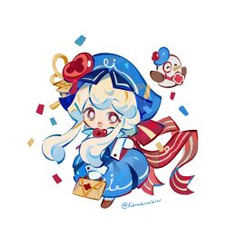 1girl back_ribbon bag bird blonde_hair blue_hat bow caramel_choux_cookie caramel_choux_cookie_(dedicated_square_administrator) chibi chibi_only collared_dress confetti cookie_run cookie_run:_ovenbreak dress hat hat_bow highres holding holding_bag kanae_(cookie) pantyhose short_hair_with_long_locks simple_background solo white_background white_hair white_pantyhose