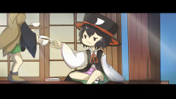 2others androgynous anime_coloring bare_legs bare_shoulders black_border black_coat black_eyes black_hair black_hat black_sandals black_sleeves black_socks blue_sky book boots border brown_boots brown_coat closed_mouth coat collared_coat collared_shirt commentary_request cup day detached_sleeves enraku_tsubakura eye_of_senri fake_screenshot foot_out_of_frame giving green_hakama green_shorts hair_between_eyes hakama hakama_short_skirt hakama_skirt hat head_out_of_frame holding holding_cup houlen_yabusame ink japanese_clothes layered_sleeves len&#039;en letterboxed long_sleeves looking_at_another looking_at_object multiple_others neck_ribbon other_focus outdoors puffy_short_sleeves puffy_sleeves reaching red_hat red_ribbon ribbon sandals shirt short_hair short_over_long_sleeves short_sleeves shorts shouji sitting skirt sky sleeveless sleeveless_coat sleeveless_shirt sliding_doors socks solid_eye standing tabi teacup top_hat two-sided_fabric two-sided_headwear veranda white_shirt white_sleeves white_socks wide_sleeves yaxiu zouri