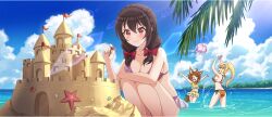 Rule 34 | 3girls, :3, ahoge, animal ear fluff, animal ears, arms up, ball, beach, beachball, bikini, bikini skirt, blonde hair, blue eyes, blue sky, bow, braid, breasts, brown hair, cleavage, closed eyes, cloud, collarbone, crown braid, darkness (konosuba), day, fang, flag, flower, frilled bikini, frills, game cg, hair bow, hair flower, hair ornament, high ponytail, highres, holding, holding flag, horizon, kono subarashii sekai ni shukufuku wo!, konosuba! fantastic days, large breasts, lens flare, long hair, medium hair, miia (konosuba), multiple girls, navel, non-circular lens flare, ocean, official art, open mouth, orange bikini, outdoors, pink bikini, pink bow, pink flower, playing, ponytail, red bow, red eyes, sand castle, sand sculpture, seashell, shell, side-tie bikini bottom, sideways mouth, sky, smile, squatting, starfish, sun, swimsuit, third-party source, wading, white flower, yellow bikini, yunyun (konosuba)