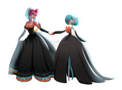 2girls alternate_color artist_name black_dress black_gloves blue_hair bob_cut colored_skin cosplay dress elbow_gloves gardevoir gen_3_pokemon gloves highres holding_hands mega_gardevoir mega_gardevoir_(cosplay) mega_pokemon multicolored_hair multiple_girls nintendo ohsweetsweetie orange_eyes pokemon pokemon_(creature) shiny_pokemon simple_background smile strapless strapless_dress white_background white_skin