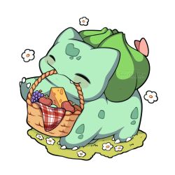 Rule 34 | absurdres, basket, blush, bulbasaur, closed eyes, closed mouth, fangs, field, flower, gen 1 pokemon, grass, happy, highres, holding, holding basket, nintendo, no humans, pokemon, pokemon (creature), pokemon focus, sevi (seviyummy), smile