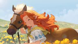 1girl animal animated arm_up blanco026 blue_eyes blue_sky brown_hair child closed_eyes cloud commentary day dress epona_(legend_of_zelda) field flower highres horse long_hair malon nintendo orange_hair outdoors parted_lips pointy_ears short_sleeves sky smile solo sound tagme teeth the_legend_of_zelda the_legend_of_zelda:_ocarina_of_time upper_body video white_dress yellow_flower
