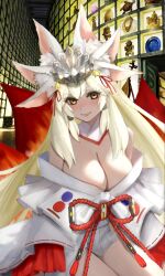 1girl absurdres animal_ear_fluff animal_ears bare_shoulders blonde_hair blush breasts cleavage detached_collar extra_ears fate/grand_order fate_(series) fox_ears fox_girl fox_tail fur_collar hair_between_eyes headpiece highres japanese_clothes kimono koyanskaya_(fate) koyanskaya_(lostbelt_beast:iv)_(fate) large_breasts long_hair long_sleeves looking_at_viewer off_shoulder raskasar rope sash sidelocks smile solo tail tamamo_(fate) thighs very_long_hair white_kimono wide_sleeves yellow_eyes
