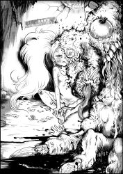 1girl absurdres animal_earrings bandaged_leg bandages bite_mark blood blush breasts broken_wall child chinese_commentary clawed_hands commentary_request condom crying crying_with_eyes_open darkbooker dress extra_eyes extra_mouth extra_teeth extra_tongue full_body greyscale guro half-closed_eyes highres holding_feet juice_box long_hair looking_at_viewer monochrome monsterification original outdoors panties pool_of_blood saliva saliva_trail sharp_teeth small_breasts solo tears teeth tentacles torn_clothes transformation twintails underwear used_condom veins