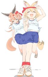 2girls alternate_costume animal_ears blonde_hair blue_shorts blush brown_hair caracal_(kemono_friends) cat_ears cat_girl cat_tail closed_eyes extra_ears hair_between_eyes headband highres holding_another&#039;s_wrist kamisamanosaba kemono_friends long_hair matching_outfits midriff_peek multicolored_hair multiple_girls name_tag navel open_mouth red_headband serval_(kemono_friends) shirt shoes short_hair short_shorts short_sleeves shorts sidelocks smile sneakers sweatdrop t-shirt tail three-legged_race translation_request white_shirt white_shoes