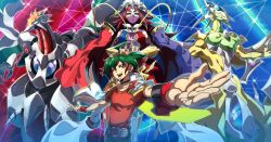 1boy 1girl absurdres all-eyes_phantom_dragon bare_shoulders beyond_the_pendulum blue_hair breasts cowboy_shot dragon duel_monster exceed_the_pendulum goggles goggles_on_head green_hair highres jacket jacket_on_shoulders jewelry large_breasts long_hair medium_hair multicolored_hair odd-eyes_arcray_dragon one_eye_closed pendant red_eyes red_hair streaked_hair two-tone_hair vincent_graphic_art white_jacket yu-gi-oh! yu-gi-oh!_arc-v