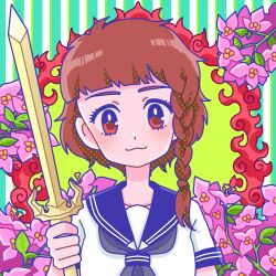 Rule 34 | 1girl, :3, blue sailor collar, blush, braid, brown hair, closed mouth, collarbone, eyelashes, flower, fujishima moyu, grey neckerchief, highres, holding, holding sword, holding weapon, looking at viewer, neckerchief, original, pink flower, sailor collar, school uniform, serafuku, shirt, short hair, solo, striped background, sword, t-shirt, upper body, weapon