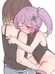 2girls bare_arms bikini black_socks black_tank_top blush brown_hair fingering highres hug koga_konoha kusagakure_satoko multicolored_hair multiple_girls ninja ninja_to_koroshiya_no_futarigurashi purple_hair red_eyes short_hair shuriken_hair_ornament side_ponytail simple_background socks stitched_arm stitches stringtheoryszn swimsuit tank_top tankini tearing_up two-tone_hair white_background yuri
