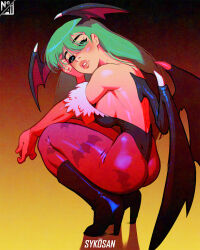 1girl bare_shoulders black_boots blue_eyes boots breasts bridal_gauntlets darkstalkers demon_girl demon_wings gradient_background green_hair hair_over_one_eye head_wings high_heel_boots high_heels highres medium_breasts morrigan_aensland multiple_wings pantyhose purple_pantyhose simple_background solo squatting sykosan wings