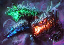 blue_eyes blue_fire breath_weapon breathing_fire castlevania:_symphony_of_the_night castlevania_(series) cerberus_(castlevania) claws colored_fire conjoined dog_paws fire glowing glowing_eyes glowing_mouth green_eyes green_fire konami monster multiple_heads no_humans nurikabe_(mictlan-tecuhtli) pointy_ears red_eyes red_fire sharp_teeth siblings teeth triplets