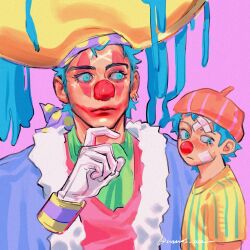 2boys ascot bandage_on_face bandages blue_eyes blue_hair buggy_the_clown clown_nose earrings eyelashes facepaint gloves green_ascot hat jewelry male_focus multiple_boys multiple_views one_piece one_piece_(live_action) pastel_colors pink_background tears thinking vamos_mk white_gloves yellow_hat