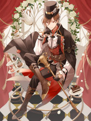 1boy arch artist_request ascot badge belt black_cape black_gloves black_pants boots brooch brown_boots brown_hair button_badge buttons cake cane cape chocolate_cake collared_cape crossed_legs cup curtains double-breasted earclip earl_grey_tea earl_grey_tea_(food_fantasy) earrings figure_four_sitting floral_arch flower food food_fantasy fork gem gloves hair_between_eyes half_gloves hand_on_own_chin hat hat_ornament highres holding holding_cane invisible_chair jewelry leaf_print long_sleeves looking_at_viewer looking_to_the_side macaron male_focus mont_blanc_(food) mousse_(food) multicolored_vest official_art pants petals plate pouring red_brooch red_curtains red_eyes red_gemstone red_vest rose shirt short_hair sitting sleeves_past_wrists smile solo spoon sugar_cube tailcoat tea teacup teapot third-party_source tiered_tray tile_floor tiles top_hat v-shaped_eyebrows vest white_ascot white_flower white_rose white_shirt window