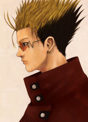 1boy bad_id bad_pixiv_id black_hair blonde_hair blue_eyes coat earrings high_collar highres jewelry male_focus manly mole mole_under_eye multicolored_hair okiru profile realistic red_coat short_hair solo spiked_hair sunglasses traditional_media trigun trigun_maximum two-tone_hair upper_body vash_the_stampede