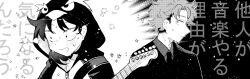 1boy 1girl :d absurdres animal_costume animal_hood collared_shirt commentary_request cosplay electric_guitar futsuu_no_keion-bu greyscale guitar guitar_strap hatono_chihiro highres hood hood_up instrument jacket kigurumi l2awk looking_at_another monochrome necktie official_alternate_costume open_mouth penguin_costume penguin_hood shirt short_hair smile suit_jacket sweat takami_kouki upper_body