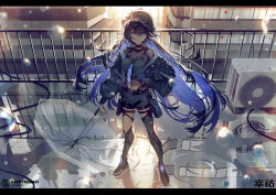 1girl arm_at_side asymmetrical_legwear blue_eyes blue_hair blue_shorts breasts buckle building cleavage closed_mouth collar commentary_request crop_top floating_hair full_body grey_footwear grey_thighhighs hair_between_eyes hand_up jacket kamitsubaki_studio koko_(kamitsubaki_studio) letterboxed long_hair long_sleeves looking_at_viewer mebaru medium_breasts navel off_shoulder official_art pouch railing reflection ripples rooftop shorts solo standing sunlight tears thigh_strap thighhighs transparent transparent_umbrella umbrella uneven_legwear virtual_youtuber water_drop