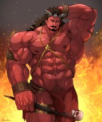 1boy abs arm_behind_head armpits bara beard biceps bracelet brown_hair bulge chain character_request check_character colored_sclera colored_skin facial_hair feet_out_of_frame fire highres holding holding_staff horns jewelry large_pectorals leg_hair loincloth long_hair looking_to_the_side male_focus male_pubic_hair mature_male muscular muscular_male mustache mythology navel navel_hair nipples pectorals pham_yom pubic_hair red_skin revealing_clothes rybiok solo staff stomach sweat thick_eyebrows thick_thighs thighs veins veiny_arms yellow_sclera