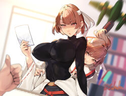 2girls absurdres admiral_(kancolle) aircraft airplane black_hakama black_undershirt book book_stack breasts brown_eyes brown_hair desk e16a_zuiun frilled_hakama fuwafuwatoufu hair_ribbon hakama hakama_short_skirt hakama_skirt headband highres hyuuga_(kancolle) hyuuga_kai_ni_(kancolle) ise_(kancolle) ise_kai_ni_(kancolle) japanese_clothes kantai_collection large_breasts long_hair multiple_girls nontraditional_miko office open_mouth ribbon short_hair siblings sisters skirt smile undershirt white_headband wide_sleeves