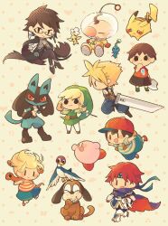 1girl 6+boys :3 :d animal_crossing antennae armor axe backpack bag baseball_cap bayonetta bayonetta_(series) bayonetta_2 big_nose bird black-framed_eyewear black_footwear black_hair black_shorts blonde_hair blue_headband blue_ribbon blue_shirt blue_shorts blush blush_stickers boots brown_hair cape closed_eyes closed_mouth cloud_strife commentary_request crossed_legs dog dog_(duck_hunt) dress duck duck_(duck_hunt) duck_hunt earrings final_fantasy final_fantasy_vii fire_emblem fire_emblem:_the_binding_blade gat_(hat) gen_1_pokemon gen_4_pokemon glasses greatsword green_headwear green_shirt grin halftone hat headband helmet hitofutarai holding holding_sword holding_weapon jewelry kirby kirby_(series) link long_sleeves looking_at_viewer lucario lucas_(mother_3) mother_(series) mother_2 mother_3 multicolored_clothes multiple_boys nessa_(pokemon) nintendo olimar open_mouth parted_bangs pikachu pikmin_(creature) pikmin_(series) pokemon pokemon_(creature) polka_dot profile quiff red_eyes red_hair red_headwear red_shirt ribbon rope_snake roy_(fire_emblem) shirt short_hair short_sleeves shorts sideways_hat simple_background sitting smile snake solid_oval_eyes space_helmet spacesuit spiked_hair standing striped_clothes striped_shirt super_smash_bros. sword t-shirt teeth the_legend_of_zelda the_legend_of_zelda:_the_wind_waker thigh_boots toon_link two-tone_shirt v-shaped_eyebrows villager_(animal_crossing) weapon yellow_background yellow_shirt