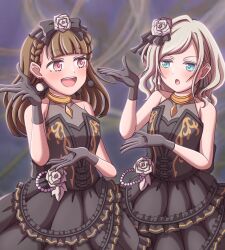 2girls alternate_costume armpit_crease bare_shoulders black_bow black_dress black_gloves black_ribbon blue_eyes bow center-flap_bangs ceras_yanagida_lilienfeld collarbone commentary_request cowboy_shot dollchestra dress flower frilled_dress frills ganbarai gloves hair_bow hair_flower hair_ornament hair_ribbon highres kachimachi_kosuzu link!_like!_love_live! love_live! multiple_girls official_alternate_costume pink_eyes ribbon rose sleeveless sleeveless_dress sparkly_spot_(love_live!) v-shaped_eyebrows virtual_youtuber wavy_hair white_flower white_ribbon white_rose