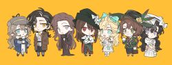 6+girls :&lt; :d aqua_bow aqua_eyes black_hair black_hat black_skirt blonde_hair blue_coat blue_eyes bow brown_coat brown_hair chibi coat dress feathers flower green_eyes green_feathers green_hat green_jacket greta_hofmann grey_eyes grey_hat grey_jacket hair_bow hat hat_feather hat_flower highres isolde_(reverse:1999) jacket kakania_(reverse:1999) long_dress long_hair looking_at_another looking_at_viewer looking_to_the_side lorelei_(reverse:1999) low_ponytail marcus_(reverse:1999) mole mole_under_mouth multiple_girls neckerchief newsboy_cap open_mouth ponytail purple_eyes rang_wo_zai_shui_10_fenzhong red_eyes reverse:1999 semmelweis_(reverse:1999) skirt smile standing tricorne valentina_(reverse:1999) white_dress white_hat white_neckerchief yellow_background yellow_eyes yellow_flower