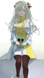 Rule 34 | 1girl, :d, absurdres, black pantyhose, blonde hair, commentary, dress, feet out of frame, flower, gomidasu (kamitsubaki studio), grey eyes, grey hair, hair flower, hair ornament, hair over one eye, heterochromia, highres, isekaijoucho, jacket, kamitsubaki studio, long hair, long sleeves, looking at viewer, multicolored hair, muu441, open mouth, pantyhose, red eyes, simple background, sitting, smile, solo, streaked hair, virtual youtuber, white background, white dress, white jacket, yellow dress, yellow flower