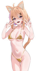 1girl absurdres ahoge animal_ear_fluff animal_ears bikini blonde_hair breasts cat_ears cat_girl cat_tail colored_inner_hair commentary double_v english_commentary facial_mark gold_bikini highleg highleg_bikini highres indie_virtual_youtuber long_hair looking_at_viewer medium_breasts multicolored_hair navel open_mouth purple_hair red_eyes shyrei_faolan skai_kun solo swimsuit tail v virtual_youtuber whisker_markings white_background