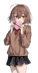 1girl absurdres ahoge black_skirt blush box brown_hair brown_sweater collared_shirt commentary covered_mouth cowboy_shot double-parted_bangs english_commentary faldeus hair_between_eyes hands_up heart-shaped_box highres holding holding_box long_bangs long_sleeves looking_at_viewer medium_hair miniskirt neck_ribbon original pink_box pleated_skirt red_ribbon ribbon school_uniform shirt simple_background skirt slit_pupils solo standing sweater v-neck valentine white_background white_shirt