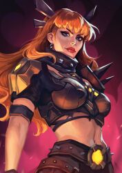 1girl absurdres armor belt black_belt black_choker black_shirt black_shorts blonde_hair blue_eyes breasts choker closed_mouth commentary earrings english_commentary fire highres holding holding_weapon jewelry lips long_hair looking_at_viewer magik_(x-men) marvel marvel_rivals medium_breasts midriff navel shirt short_sleeves shorts shoulder_armor shoulder_spikes smile solo spiked_choker spikes standing tofusenshiart upper_body v-shaped_eyebrows wavy_hair weapon x-men