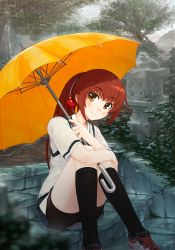 1girl black_socks blush brown_eyes brown_hair female_focus hair_ornament head_tilt hugging_own_legs kawakami_kazuko kneehighs long_hair looking_at_viewer maji_de_watashi_ni_koi_shinasai! orz_(orz57) outdoors ponytail rain school_uniform shoes sitting sitting_on_stairs smile sneakers socks solo stairs umbrella