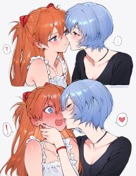 ! ... 2girls 2koma ? absurdres alternate_costume angry ayanami_rei bare_shoulders black_nails black_shirt blue_eyes blush closed_eyes closed_mouth collarbone comic couple earrings embarrassed eye_contact eyebrows_hidden_by_hair grey_hair hair_between_eyes half-closed_eyes hand_up heart highres imminent_kiss jewelry kiss long_hair looking_at_another multiple_girls nail_polish neck necklace neon_genesis_evangelion open_mouth orange_hair paid_reward_available qiandaiyiyu red_eyes serious shirt short_hair simple_background souryuu_asuka_langley spoken_ellipsis spoken_exclamation_mark spoken_heart spoken_question_mark surprised tongue tongue_out upper_body white_background yuri