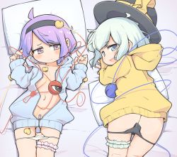 2girls :d alternate_costume ass black_hairband black_headwear black_panties blue_eyes blue_hoodie blush commentary embarrassed flat_chest frilled_thigh_strap gluteal_fold hairband hat hat_ribbon highres hood hood_down hoodie komeiji_koishi komeiji_satori light_green_hair long_sleeves looking_at_viewer looking_away looking_back lying multiple_girls naked_hoodie navel on_back on_stomach open_clothes open_hoodie open_mouth panties panty_pull partially_unzipped pillow purple_eyes purple_hair ribbon short_hair smile thigh_gap thigh_strap third_eye touhou turnip_kabura underwear white_panties yellow_hoodie yellow_ribbon