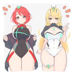 Rule 34 | 2girls, bare shoulders, black coat, black one-piece swimsuit, black shirt, blonde hair, border, breasts, chest jewel, cleavage, clothes lift, coat, core crystal (xenoblade), earrings, grey background, highres, jewelry, large breasts, long hair, mouth hold, multiple girls, mythra (radiant beach) (xenoblade), mythra (xenoblade), one-piece swimsuit, open clothes, open coat, pyra (pro swimmer) (xenoblade), pyra (xenoblade), red eyes, red hair, shirt, shirt lift, short hair, simple background, skindentation, strapless, strapless one-piece swimsuit, swimsuit, tiara, uncool mochi, v, white border, white one-piece swimsuit, xenoblade chronicles (series), xenoblade chronicles 2, yellow eyes