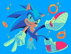1boy animal_ears animal_nose blue_background blue_fur commentary english_commentary full_body furry furry_male gloves gold_ring green_eyes green_gloves green_socks grin hedgehog highres leg_up looking_at_viewer male_focus nolvini red_shoes shoes smile sneakers socks solo sonic_(series) sonic_the_hedgehog sparkle tail teeth v