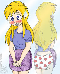 1girl 2006 ahoge artist_name ass blonde_hair blue_eyes blush breasts clenched_teeth collarbone collared_shirt covering_privates embarrassed eyelashes female_focus from_behind gluteal_fold heart heart_panties heart_print holding holding_pillow humiliation indoors lavender_shirt legs legs_together long_hair looking_at_another mirror mirror_image neck nervous_smile no_pants original pale_color panties pants pillow print_panties reflection shirt short_sleeves sidelocks small_breasts smile standing sweat sweatdrop t-shirt teeth thighs thighs_together traditional_media underwear unworn_pants v_arms vic_fieger white_panties