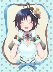 Rule 34 | 1girl, :d, absurdres, antenna hair, apron, bare shoulders, black bow, black bowtie, black dress, black hair, blue background, blue bow, blue ribbon, blush, bow, bowtie, breasts, cleavage, closed eyes, commentary, cup, detached sleeves, diagonal-striped bow, diagonal-striped bowtie, diagonal-striped clothes, dress, facing viewer, food-themed ornament, gingerbread man, glove bow, gloves, grey sleeves, hands up, hat, heart, heart apron, heart background, highres, idolmaster, idolmaster (classic), idolmaster one for all, kikuchi makoto, mini hat, open mouth, puffy detached sleeves, puffy sleeves, ribbon, saucer, shirako (srk srtk), short hair, smile, solo, straight-on, striped clothes, striped dress, symbol-only commentary, teacup, teatime happiness (idolmaster), tilted headwear, upper body, v-shaped eyebrows, very short hair, w arms, white apron, white bow, white bowtie, white dress, white gloves, yellow background