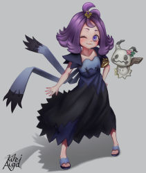 1girl ;3 acerola_(pokemon) armlet bad_id bad_pixiv_id blue_dress blush closed_mouth commentary_request creatures_(company) dress eyelashes flip-flops flipped_hair game_freak gen_7_pokemon hair_ornament hairclip highres jewelry kireiaiga legs_apart looking_at_viewer medium_hair mimikyu multicolored_dress nintendo one_eye_closed pokemon pokemon_(anime) pokemon_(creature) pokemon_sm_(anime) purple_eyes purple_hair sandals short_sleeves signature smile standing stitches topknot torn_clothes torn_dress