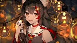 1girl absurdres animal_ear_fluff animal_ears black_hair black_shirt choker cine_(wazd0183) detached_sleeves double-parted_bangs hair_ornament hairclip highres holding holding_microphone hololive japanese_clothes long_hair looking_at_viewer lower_teeth_only microphone multicolored_hair necktie ookami_mio open_mouth red_choker red_hair red_necktie shirt solo streaked_hair teeth virtual_youtuber wolf_ears wolf_girl yellow_eyes