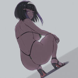 1girl ass back bikini black_hair black_shoes blue_lips bracelet breasts from_behind g-string gradient_hair green_bikini grey_background hair_ornament hairband hairclip high_heels jewelry large_breasts looking_back medium_hair multicolored_hair original othel_(hatimorris) panties purple_eyes purple_hair shoes solo squatting swimsuit thong thong_bikini underwear white_hairband