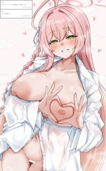 1girl ahoge bar_censor blue_archive bottomless braid breasts censored collarbone halo hanako_(blue_archive) hanako_(swimsuit)_(blue_archive) heart heart_hands highres huge_breasts long_hair long_sleeves looking_at_viewer machismo_fuji naked_shirt navel nipples official_alternate_costume open_clothes open_shirt parted_lips pink_hair pink_halo request_inset shirt side_braid solo translation_request very_long_hair white_shirt wide_sleeves