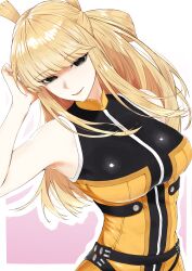 1girl absurdres black_bodysuit black_eyes blonde_hair bodysuit breasts gradient_background hand_up highres large_breasts lipstick long_hair looking_at_viewer makeup no_pupils pink_background sentai_daishikkaku smile solo suzukiri_yumeko takeman two-tone_bodysuit yellow_bodysuit