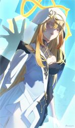 Rule 34 | 1girl, blonde hair, blue eyes, breasts, dress, genshin impact, gloves, hair between eyes, halo, heterochromia, highres, long hair, looking at viewer, nun, parted lips, potatopie, rhinedottir (genshin impact), solo, veil