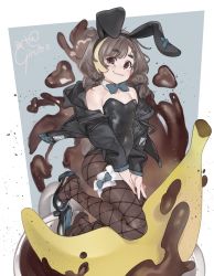 1boy animal_ears artist_name banana bare_shoulders black_jacket black_leotard blonde_hair blue_bow bow bowtie braid braided_bangs brown_eyes brown_hair closed_mouth coffee covered_navel cup detached_collar fake_animal_ears fang fishnet_pantyhose fishnets food fruit full_body girutea hair_tie high_heels highres in_food indie_virtual_youtuber jacket leotard looking_at_viewer low_twintails male_focus male_playboy_bunny medium_hair mocca_liebeskind multicolored_hair open_clothes open_jacket oversized_food oversized_object pantyhose rabbit_ears rabbit_tail shoe_dangle skin_fang skindentation smile solo splashing strapless strapless_leotard streaked_hair tail thick_eyebrows thigh_strap trap twintails v_arms virtual_youtuber