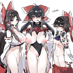 3girls absurdly_long_hair ahoge ascot bare_shoulders black_hair bow breasts breasts_out chihaya_(clothing) clothing_aside detached_sleeves frilled_hair_tubes frills gensokyo&#039;s_first_hakurei_miko hair_bow hair_tubes hakama hakurei_reimu highres japanese_clothes large_areolae large_breasts leotard leotard_aside long_hair long_sleeves looking_at_viewer low-tied_long_hair m.u.g.e.n miko multiple_girls nipples nontraditional_miko open_mouth ponytail pussy red_bow red_eyes ribbon ribbon-trimmed_sleeves ribbon_trim sendai_hakurei_no_miko sendai_hakurei_no_miko_(m.u.g.e.n) skirt smile tongue tongue_out touhou user_mprk5278 very_long_hair wide_sleeves