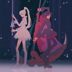 Rule 34 | 2girls, 55bata6rou, arm up, black boots, black dress, black hair, blue eyes, boots, cape, crescent rose, dress, full body, high heel boots, high heels, highres, hood, hood down, knee boots, long hair, long sleeves, looking at viewer, multiple girls, myrtenaster, outdoors, ponytail, rapier, red cape, ruby rose, rwby, short hair, snow, snowing, standing, standing on one leg, sword, weapon, weiss schnee, white boots, white dress, white hair