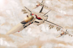 1980s_(style) 2boys aircraft airplane armor bad_id bad_pixiv_id cloud flying helmet i.t.o_daynamics ichijou_hikaru jet kakizaki_hayao macross macross:_do_you_remember_love? maximilian_jenius mecha missile multiple_boys oldschool pilot_suit realistic retro_artstyle robot science_fiction spacecraft spacesuit u.n._spacy vehicle_focus vf-1 vf-1a vf-1s