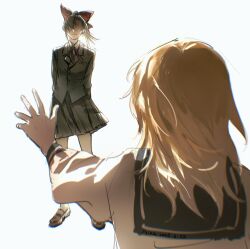 2girls aihara-rina alternate_costume arms_behind_back black_jacket black_skirt blonde_hair bow brown_hair closed_mouth from_behind hakurei_reimu highres jacket kirisame_marisa light_smile long_sleeves multiple_girls reaching reaching_towards_another red_bow school_uniform serafuku shaded_face shirt skirt touhou white_background white_shirt