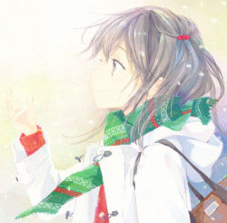 1girl arm_up bag female_focus green_scarf hair_ornament handbag looking_up open_mouth original scarf short_hair silver_hair smile snow solo tiv