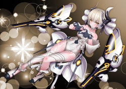 absurdres bad_feet black_gloves bodysuit floating floating_object flower gloves headgear heart heart_hands high_heel_sandals highres kinoshita_tsuyuki light_brown_hair liv:_lux_(florescence)_(pgr) liv_(pgr) medium_hair punishing:_gray_raven white_bodysuit white_gloves yellow_eyes